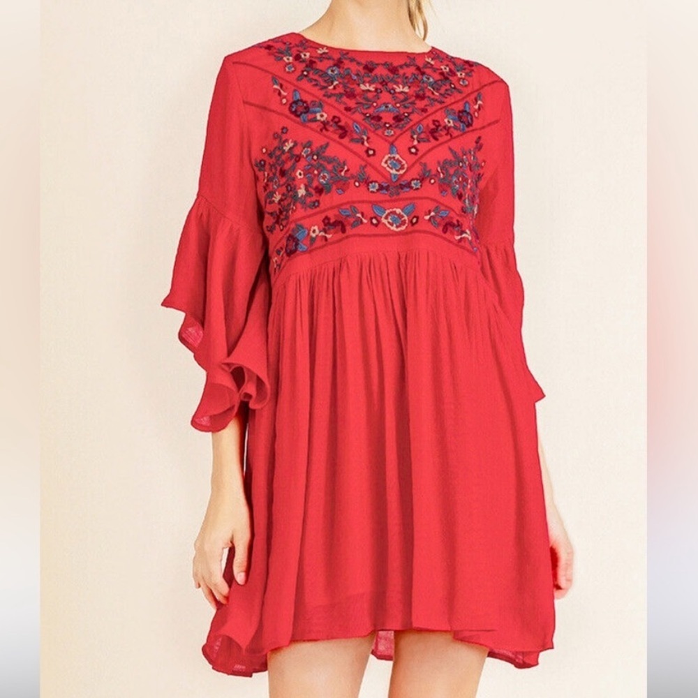 UMGEE Red Floral Embroidered Dress Size XL Women’s Boho Babydoll